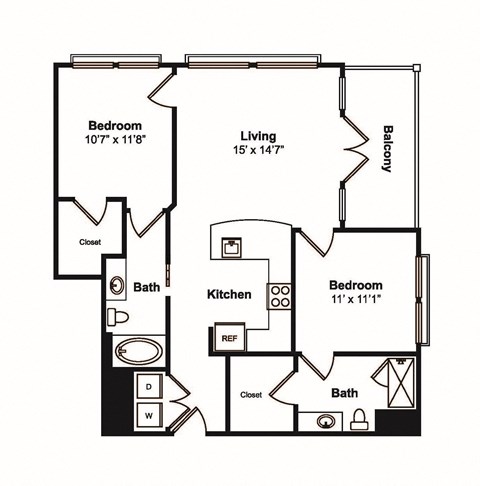 Floor plan for 2 beds, 2 baths, 1002 sqft